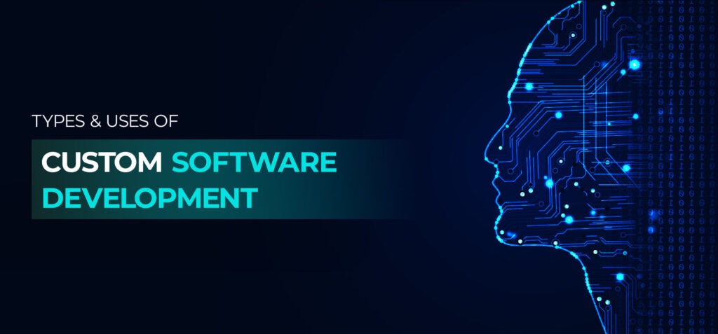 An image that says "Types and uses of custom software development" and a human face filled with technological circuits